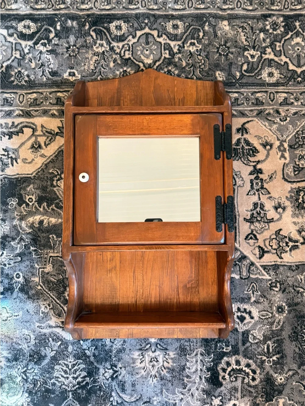 Vtg Handmade Solid Wood Wall Cabinet Shelf with Mirror Country Cottage Farmhouse